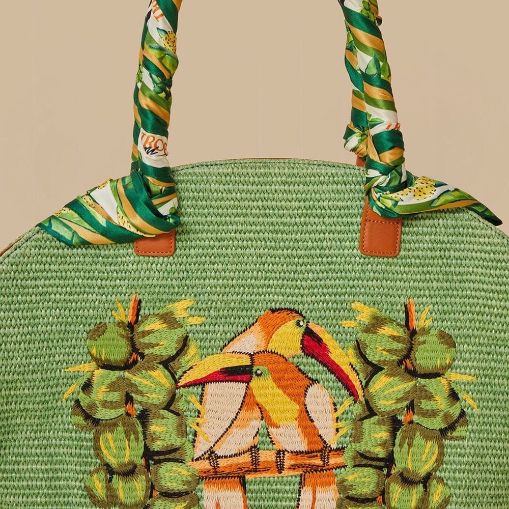FARM Rio Coconut Toucan Raffia Shell Tote Bag retail $278 - Picture 8 of 17